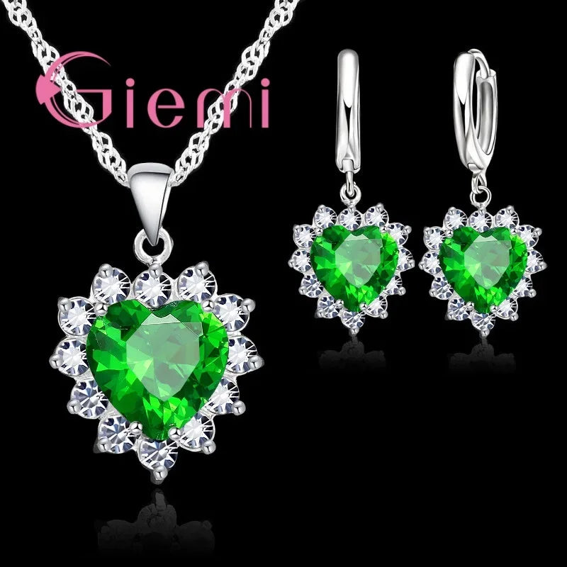 Love Heart Crystal Pendant Silver Color Party Jewelry Sets Necklace Earrings For Women Valentine Gifts