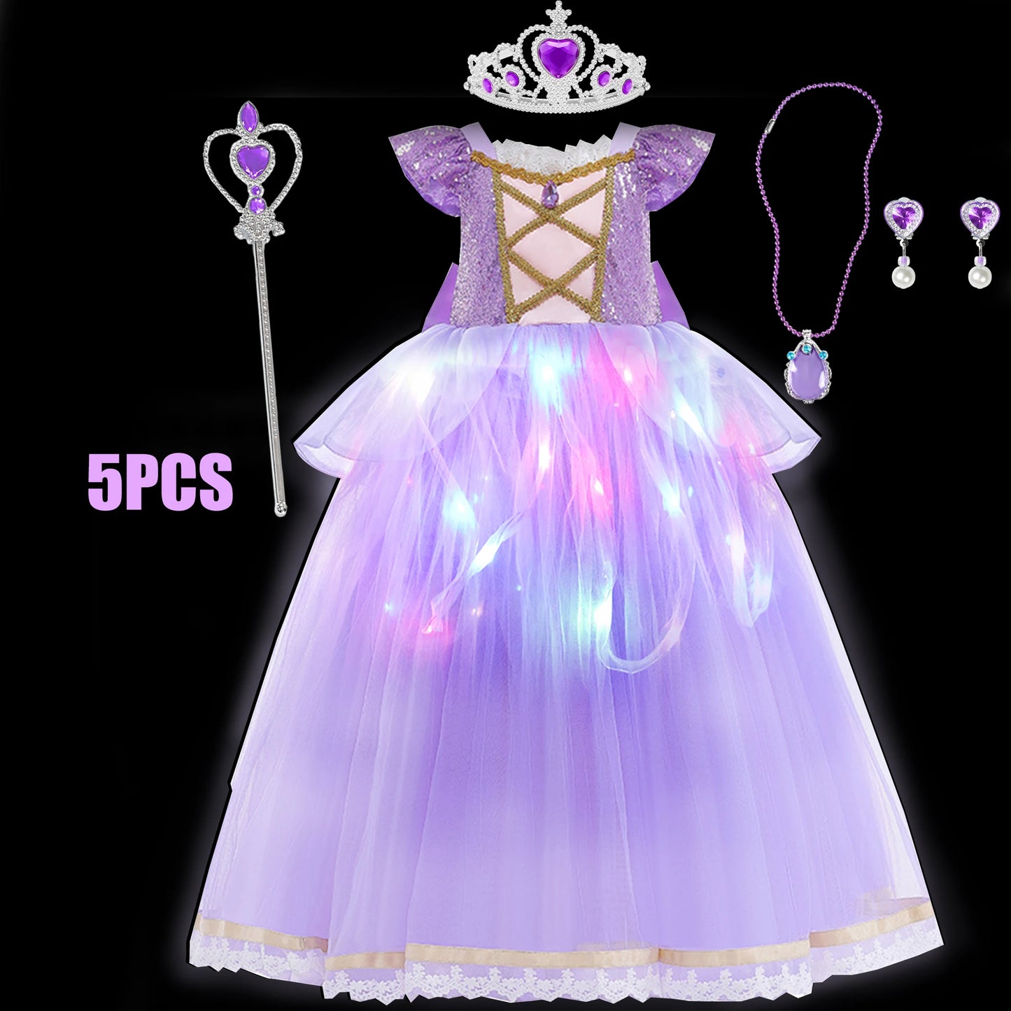 Girls Princess Costume Purple Rapunzel LED Light Up 2PCS Dress Fancy Birthday Carnival Party Elegant Children Clothing Halloween