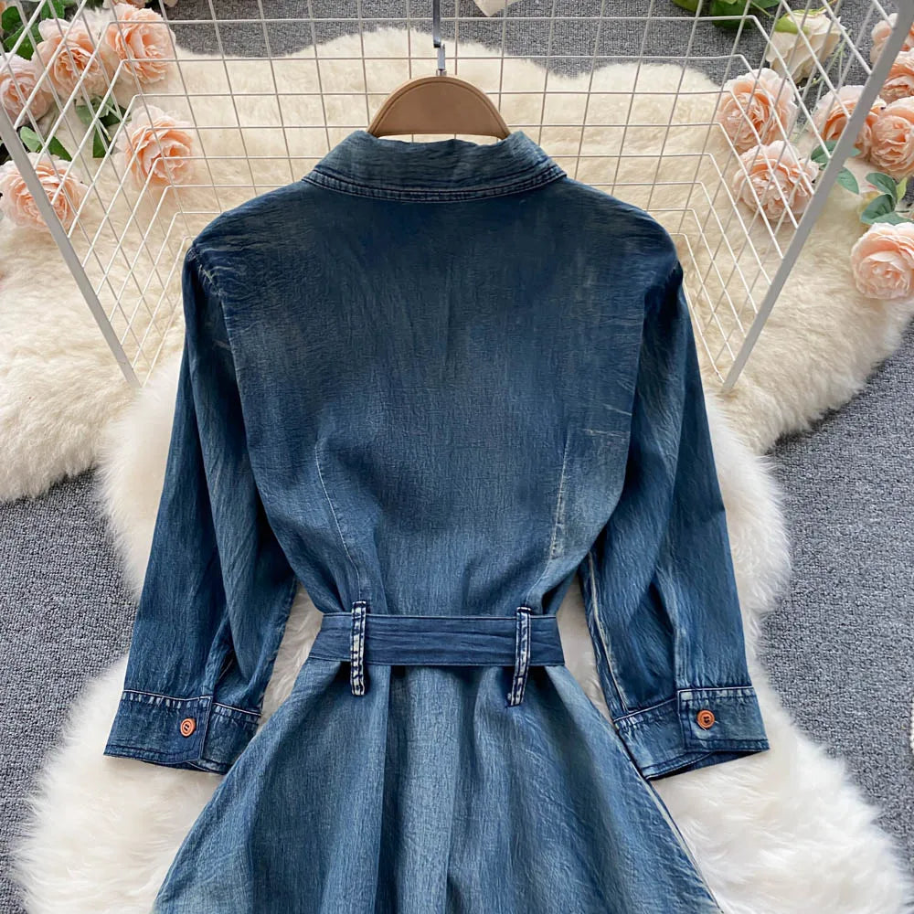 AYUALIN Denim Long Dress for Women Ethnic Floral Embroidery Boho A-line Casual Summer Vestidos Lapel Long Sleeve Dresses Lady
