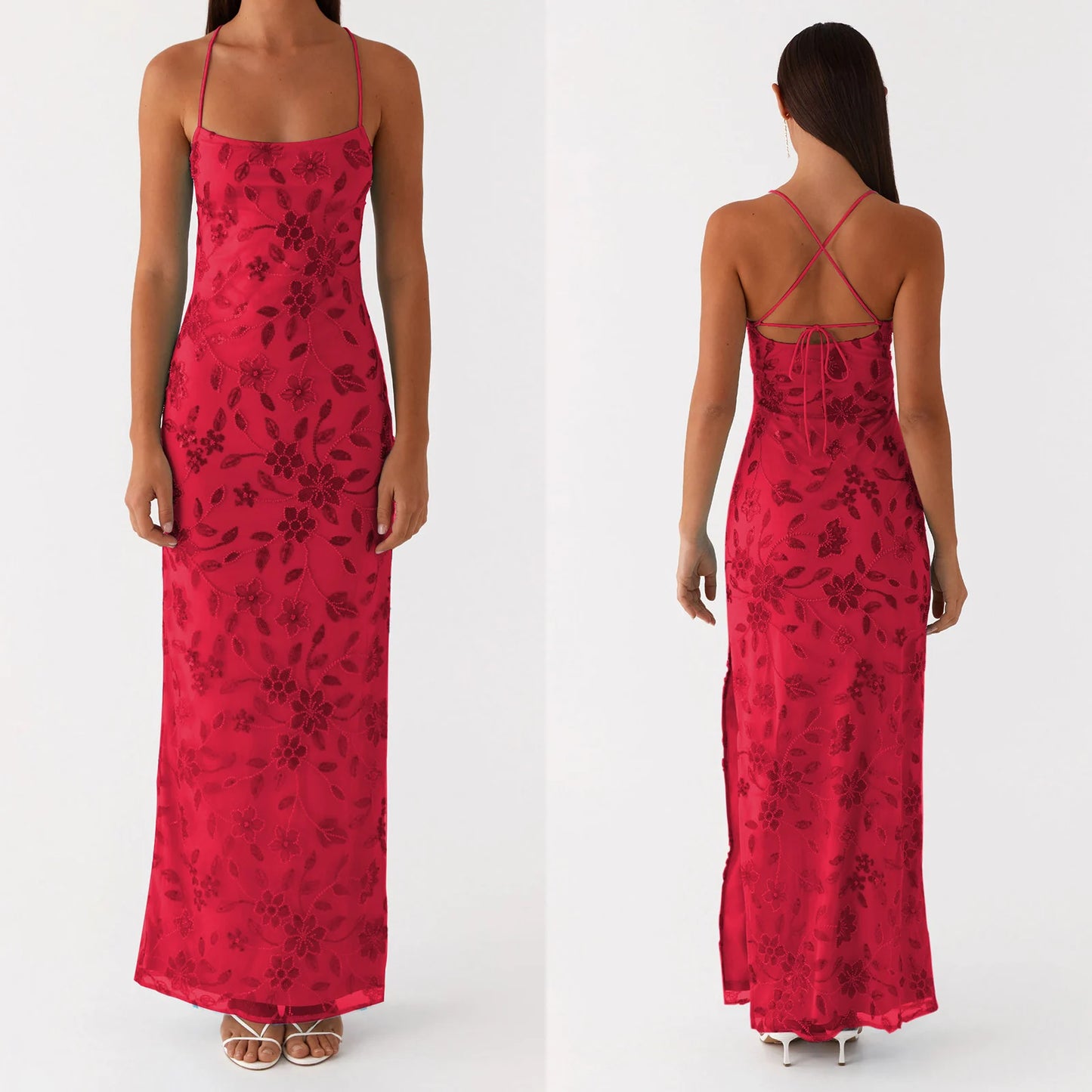 2025 Women Beaded Flower Cami Dress Slim Glitter Sequin High Split Spaghetti Strap Open Back Long Dress for Party Club Vestidos