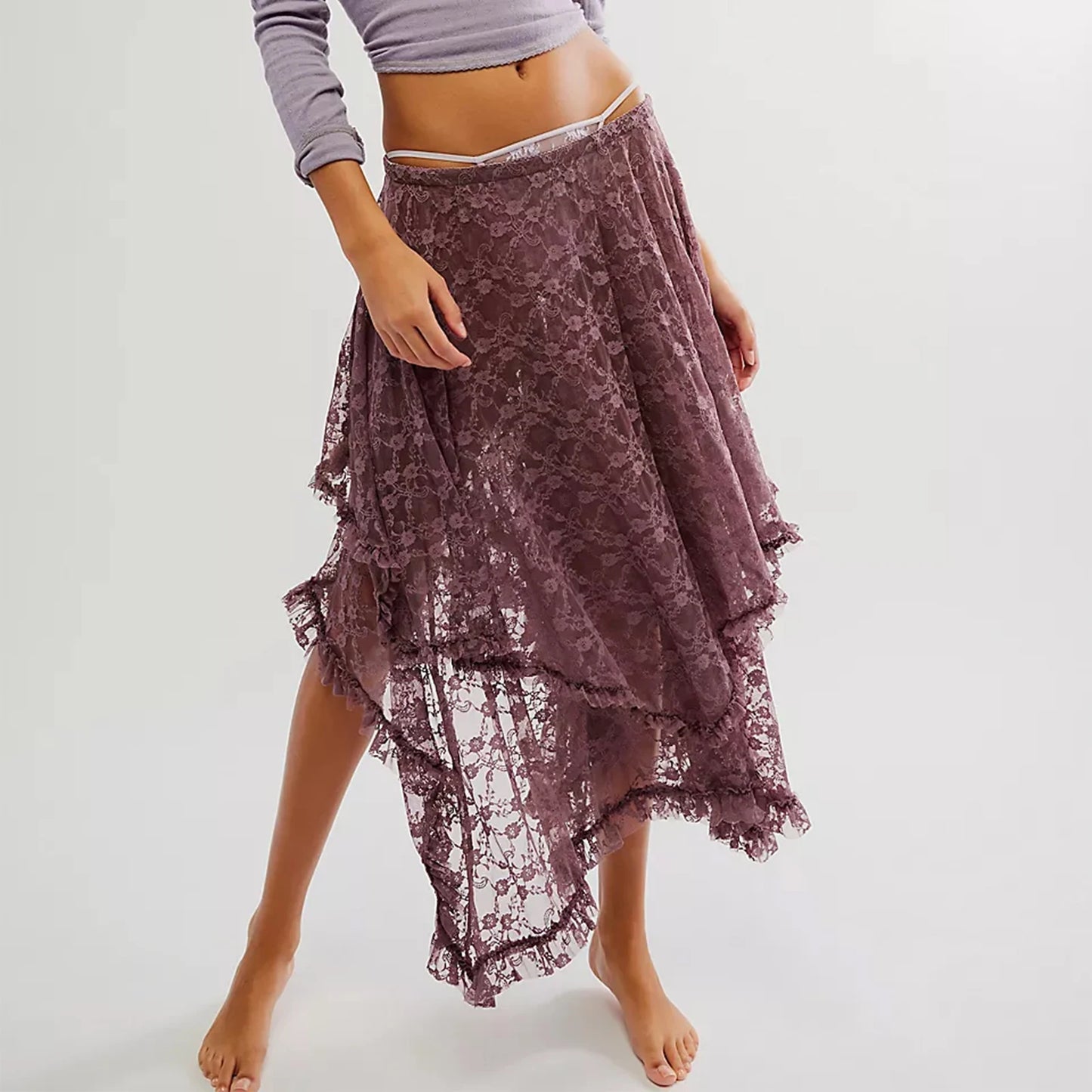 Vintage Lace Flower Women Midi Skirts Elastic High Waist Skirts Spring Summer Chic Irregular Hem Casual Female Skirts