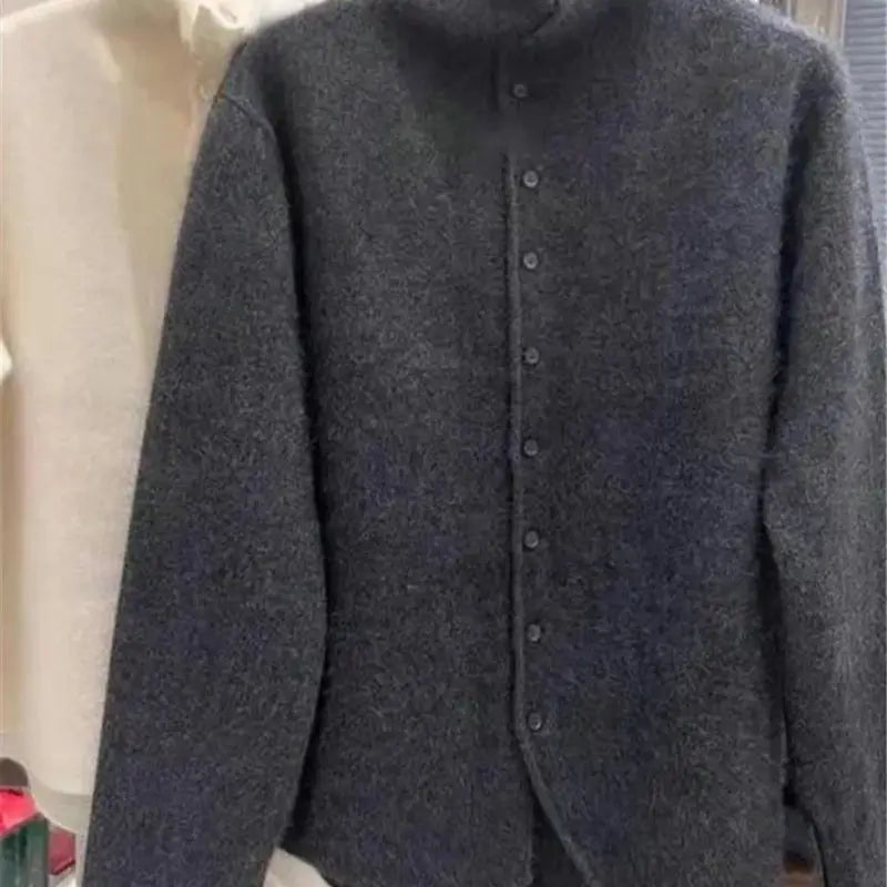 Limiguyue High-end Thick Velvet Sweater Cardigan Women Autumn Winter Turtleneck Irregular Cashmere Knitted Jacket Versatile 321P
