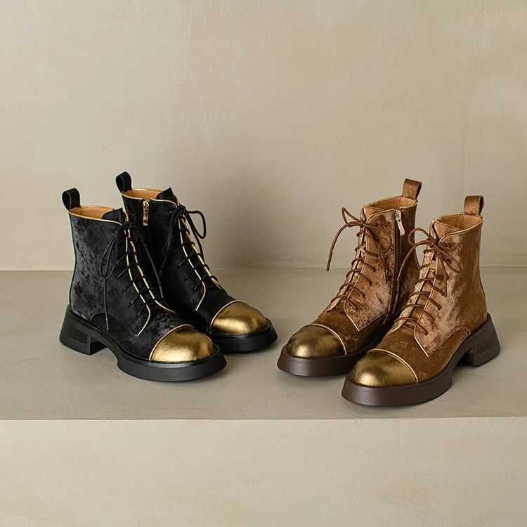 NEW Autumn Women Boots Genuine Leather Shoes for Women Round Toe Chunky Heel Shoes Lace-up Platform Boots Black Ankle Boots