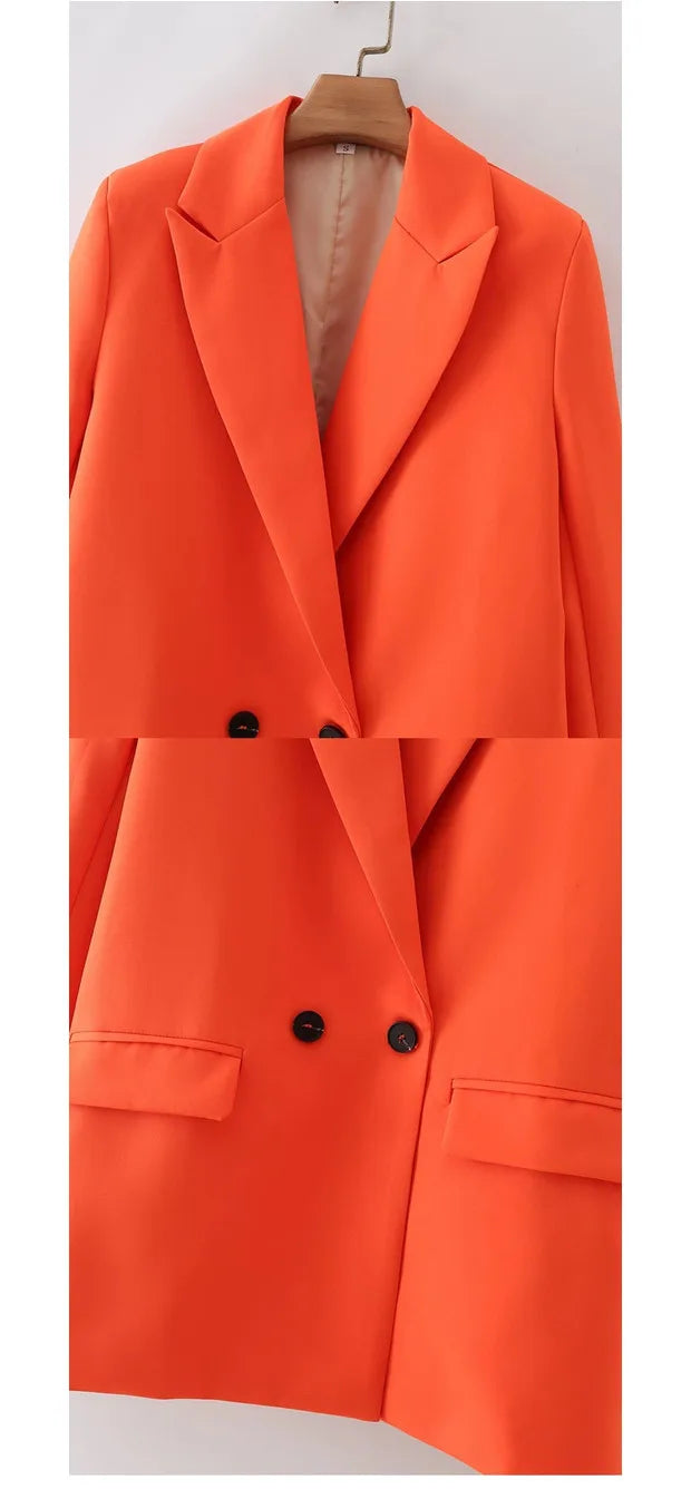 New Women's Double-Breasted Suit Jaet Casual Top 2 Colors Commute Sle Straight Cut Polyester Long Sve Pure Color