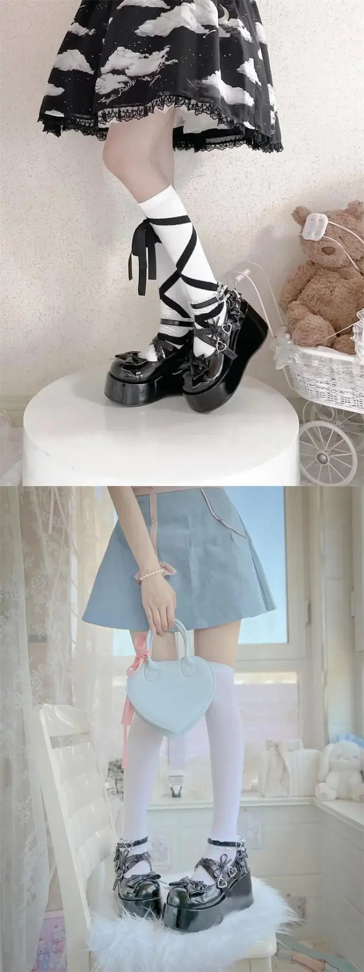 Lace Bowknot White Lolita Shoes for Women 2025 Heart Buckle Platform Mary Janes Woman Japanese Style Patent Leather Jk Shoes
