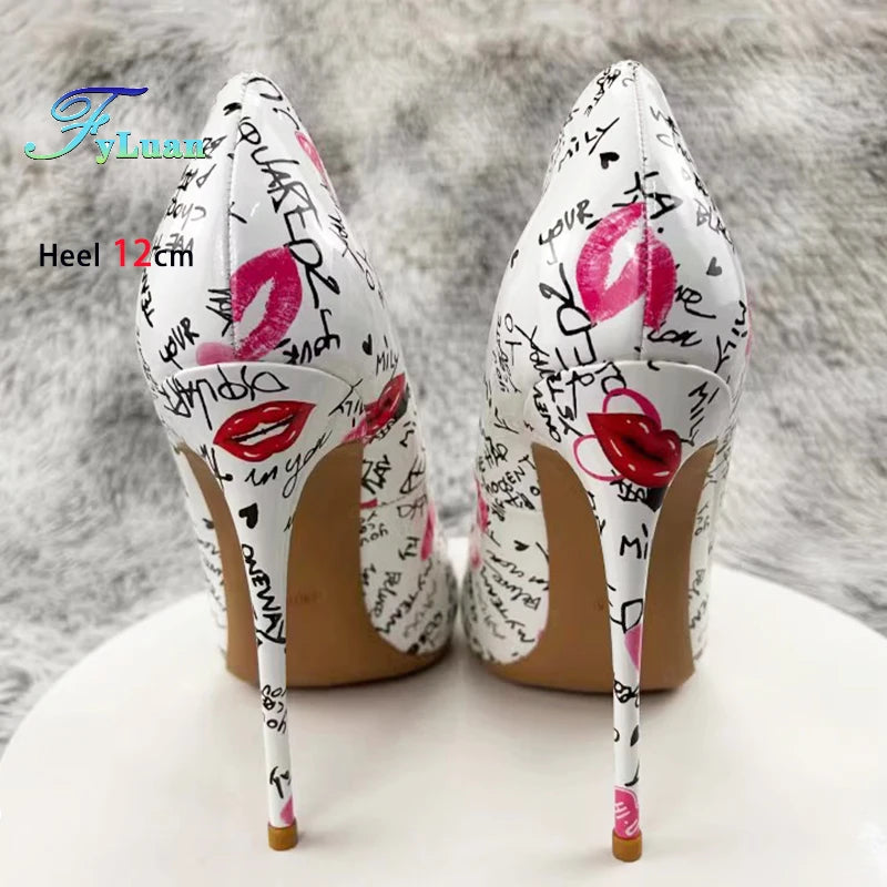 New Fashion White Artistic Graffiti Print Pointed Toe High Heel Shoes 8-12CM Women Sexy Stiletto Party Dress Shoes Plus Size 45