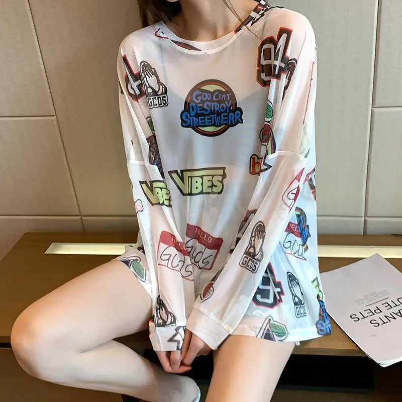 Women Letter Graphic Print Sexy Sheer Mesh Harajuku Y2K T Shirt Summer Trendy Long Sleeve Thin Tees Casual Streetwear Tops Ropa