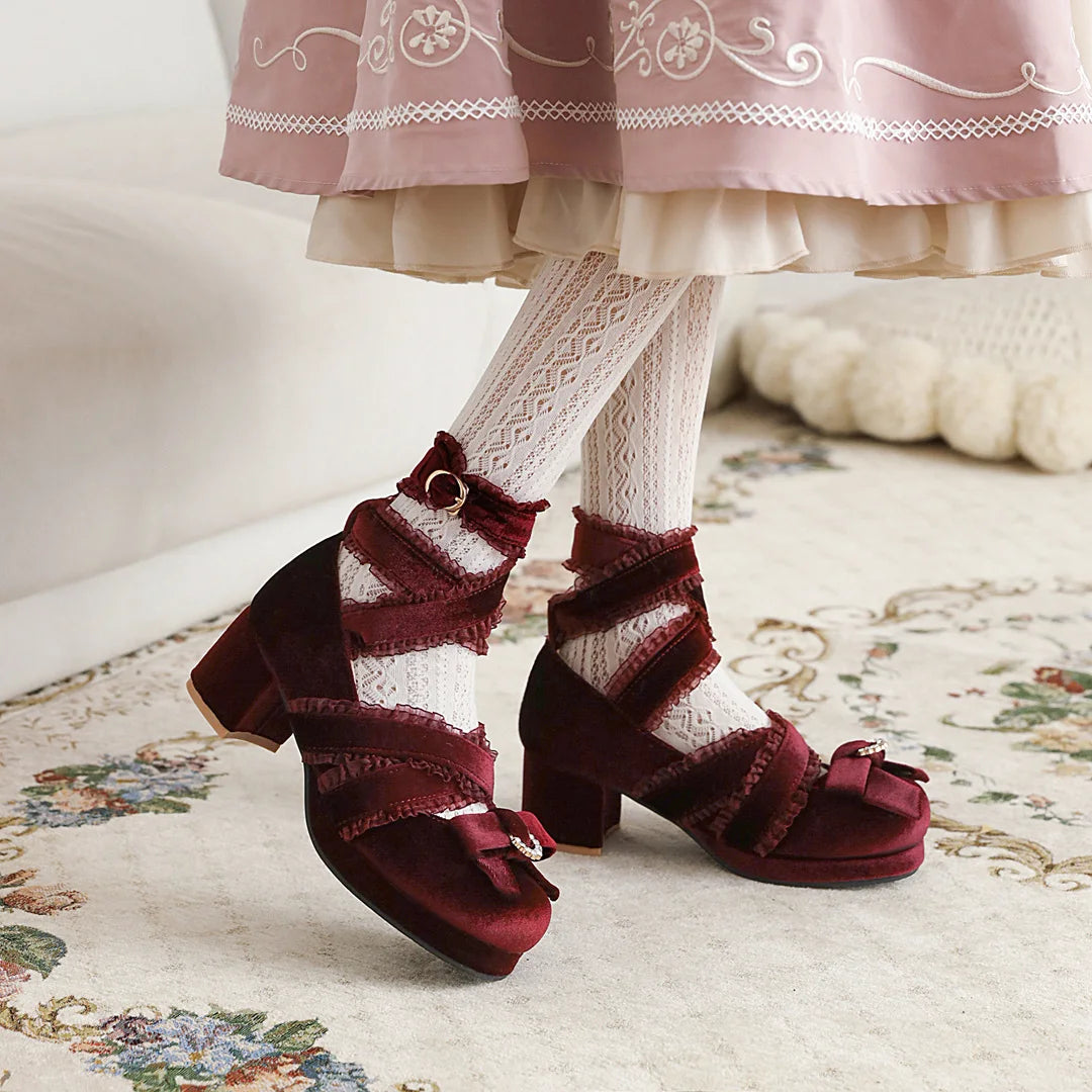JK Fairy Lolita Shoes Flock Gold Velvet Bow Platform Mary Jane Cross Strap Pumps Gladiator Cosplay Party Red Green Black