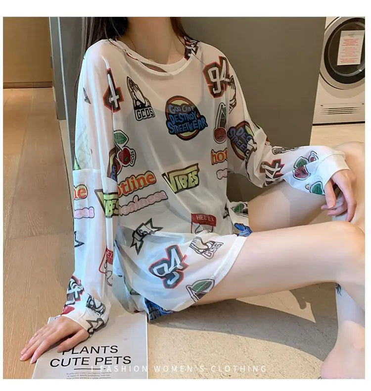 Women Letter Graphic Print Sexy Sheer Mesh Harajuku Y2K T Shirt Summer Trendy Long Sleeve Thin Tees Casual Streetwear Tops Ropa