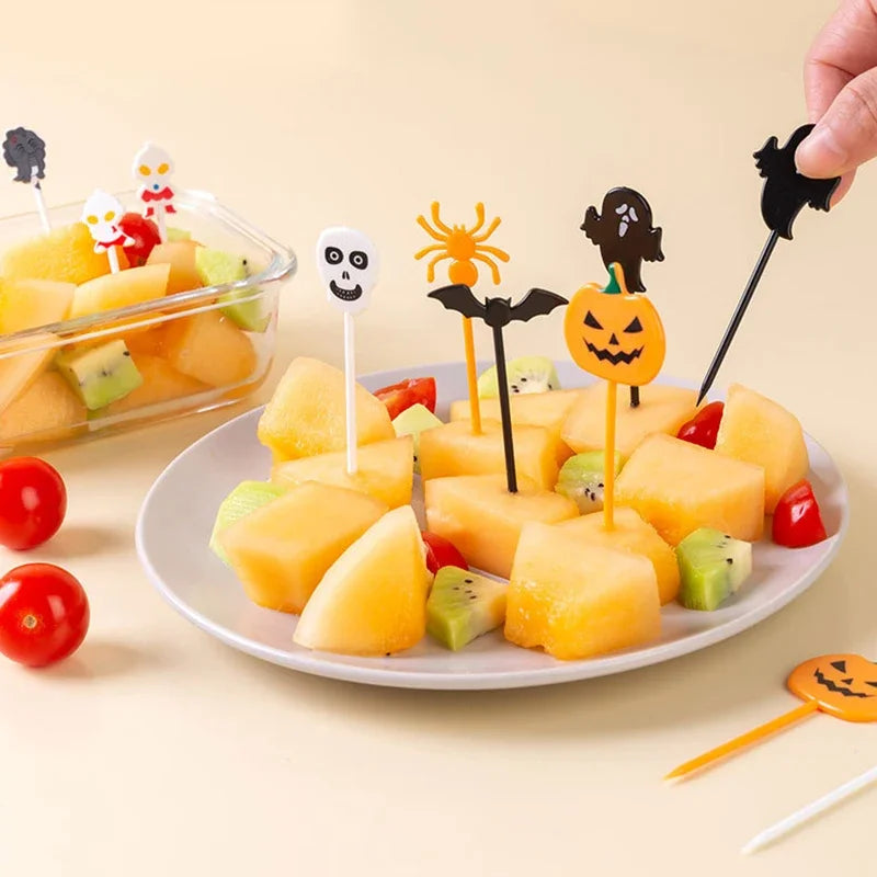 10pcs Halloween Fruit Fork Cartoon Children Cake Dessert Pick Toothpick Lunch Pick Food Fork Bento Party Decoration Random Style