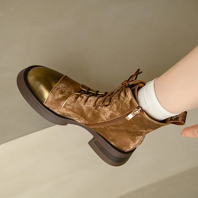 NEW Autumn Women Boots Genuine Leather Shoes for Women Round Toe Chunky Heel Shoes Lace-up Platform Boots Black Ankle Boots