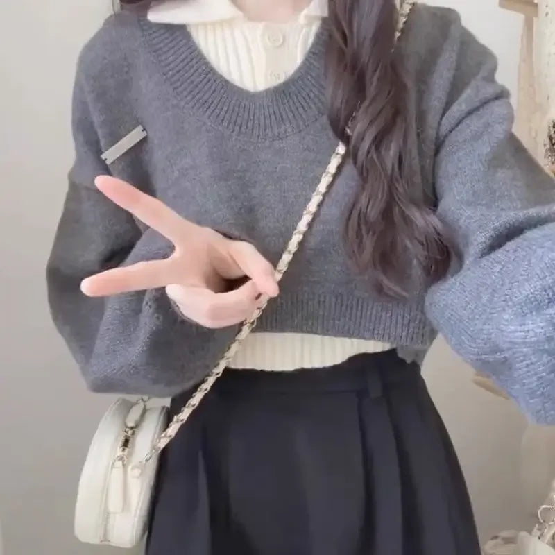 Preppy Style Women's Polo Collar Sweater 2-Piece Set Cropped Idle Style Knit Suit V-Neck Top For Spring And Autumn