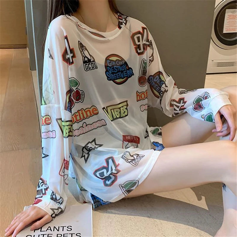 Women Letter Graphic Print Sexy Sheer Mesh Harajuku Y2K T Shirt Summer Trendy Long Sleeve Thin Tees Casual Streetwear Tops Ropa