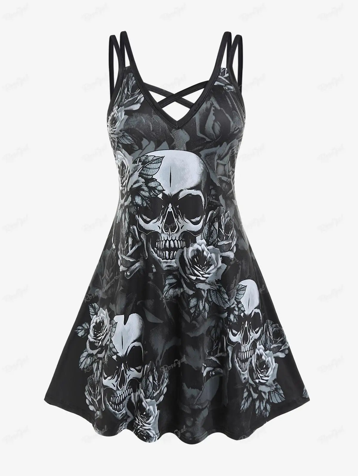 ROSEGAL Halloween 3D Printed Dresses Plus Size Crisscross Skull Print Dress Summer Casual Sleeveless Vestidos 5XL