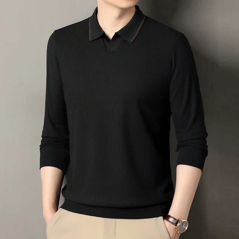 Spring and Autumn men's long sleeved T-shirt, polo shirt, casual trend, casual solid color, V-neck elastic, no heat T-shirt