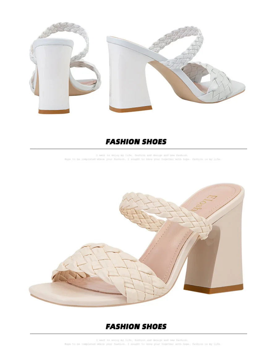 Fashion Weave Thick Heel Women's Slippers Square Toe Summer Casual Ladies Slides Red Orange Shoes Slip On Beach Sexy Pumps Woman