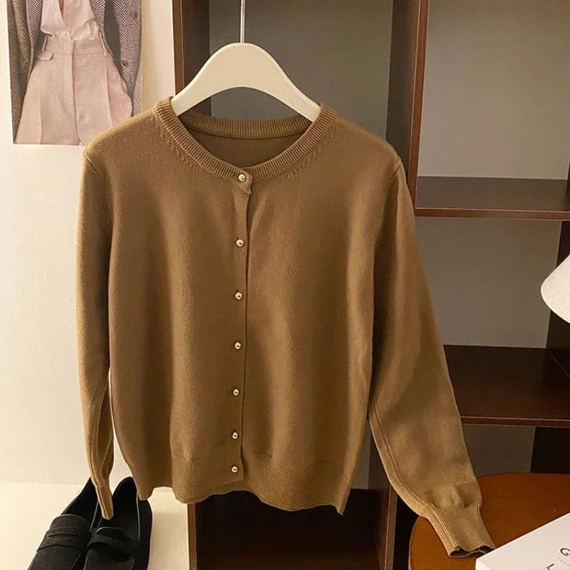 AOSSVIAO 2025 Autumn Winter Cardigan Women's Tops Retro Single Breasted Female Casual Solid Long Sleeve Knitted Sweater