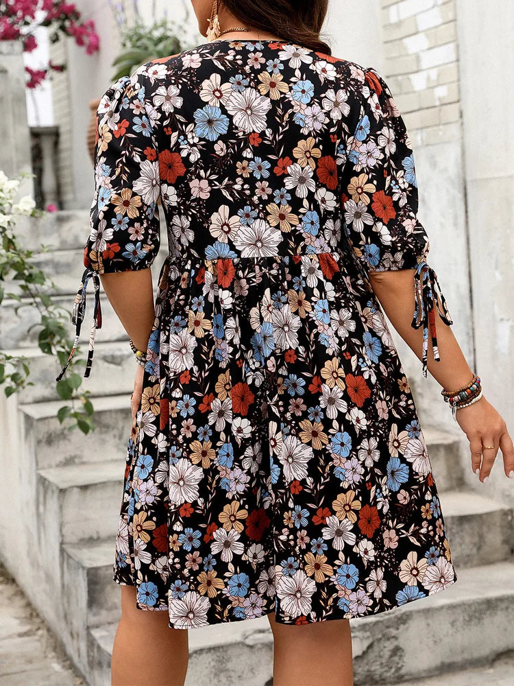 GIBSIE Plus Size Floral Print O-Neck Lace Up Short Dress Women Summer Puff Sleeve Casual Holiday Boho Loose Dresses 2025 Summer