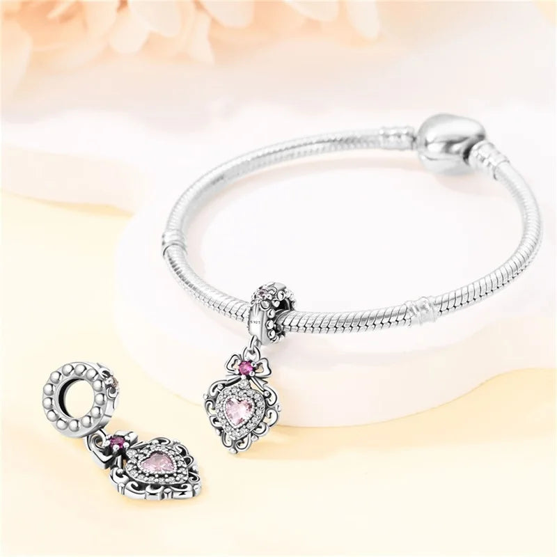 925 Sterling Silver Classic Retro Lotus Heart-Shaped Charms Beads Fit Original Pandach Bracelets Fine DIY Anniversary Jewelry