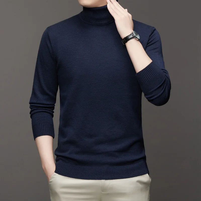 Autumn Mens High Quality Knitted Turtleneck Sweater Slim Fit Long Sleeve Anti-pilling Pullover Solid Color Trend Men Streetwea