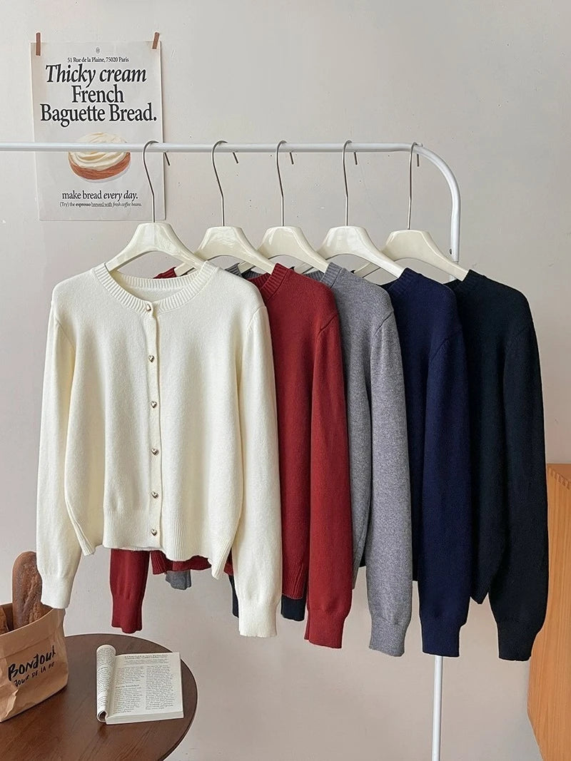 Autumn Winter 2025 New Women's Retro Love Small Gold Buckle Cardigan Female Casual Solid Long Sleeve Slim Knitted Sweater