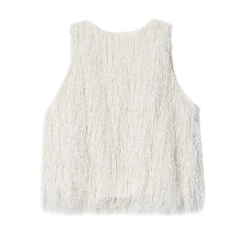 French Style Tassel Vest Women Sleeveless Tops Elegant Office Lady Streetwear Autumn Winter Fashion Simple Lady Bustier Vest