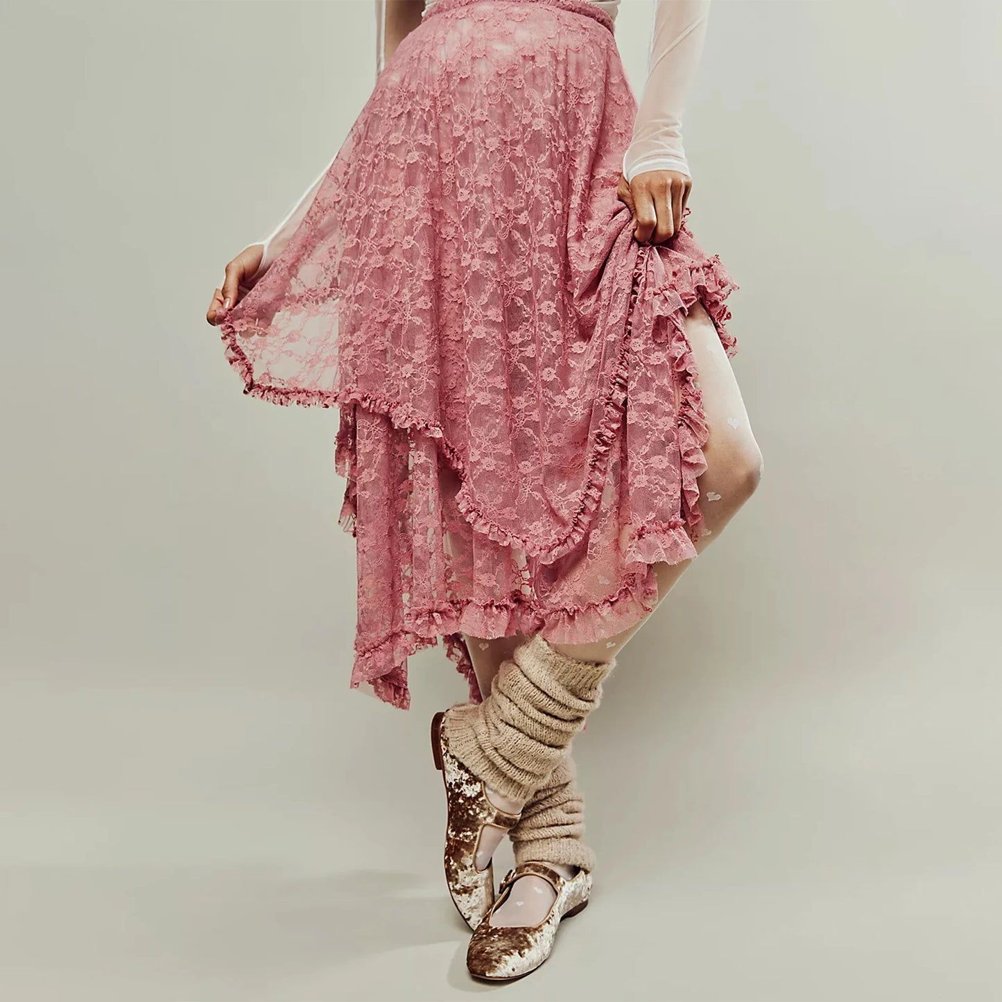 Vintage Lace Flower Women Midi Skirts Elastic High Waist Skirts Spring Summer Chic Irregular Hem Casual Female Skirts