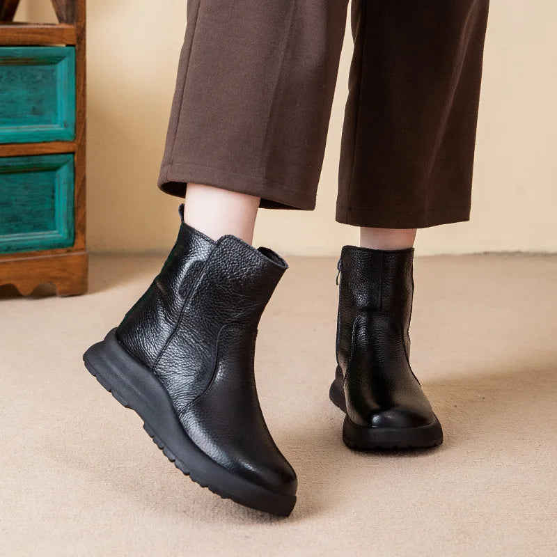 GKTINOO 2025 Winter New Genuine Leather Side Zipper Flat Bottom Women's Short Boots Soft Sole Plush Warm Cotton Shoes