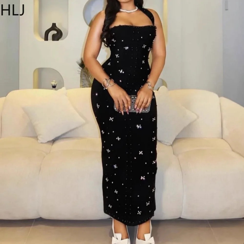 HLJ Elegant Pearls Patchwork Bodycon Dresses Women Halter Backless Printing Skinny Dress Female Party Clubwear Vestidos 2025 New