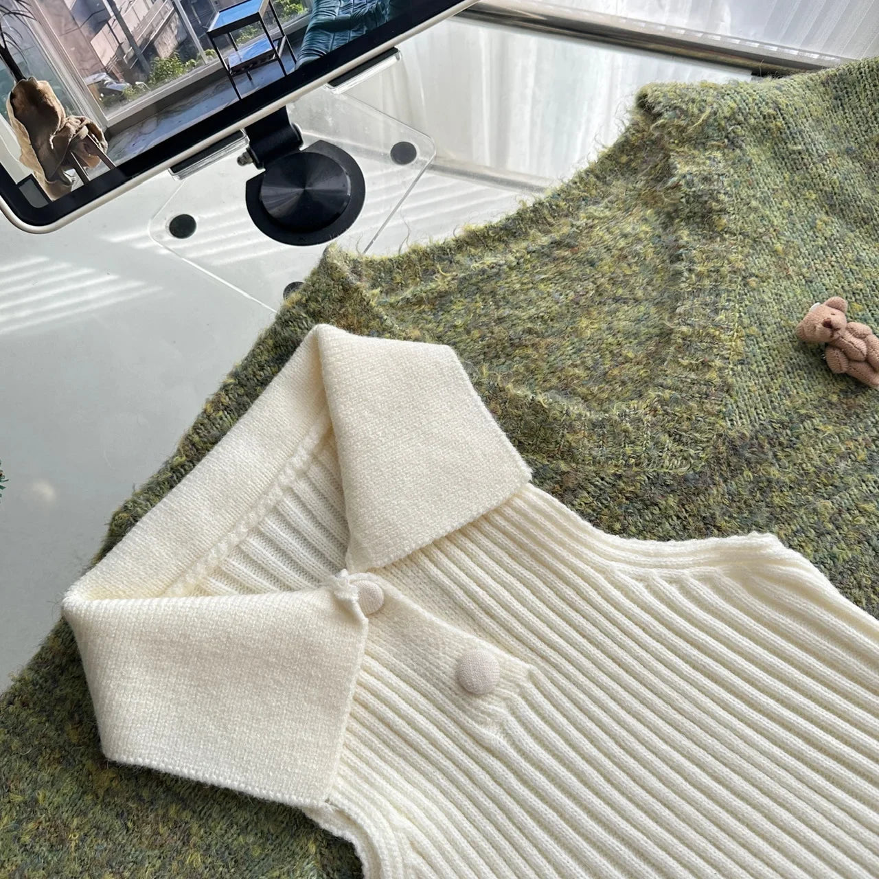 Autumn Winter Korean Cute Knitt 3 Piece Set Women Y2k Outfits Long Sleeve Crop Sweater + Knit Lapel Tank Tops + Mini Plaid Skirt