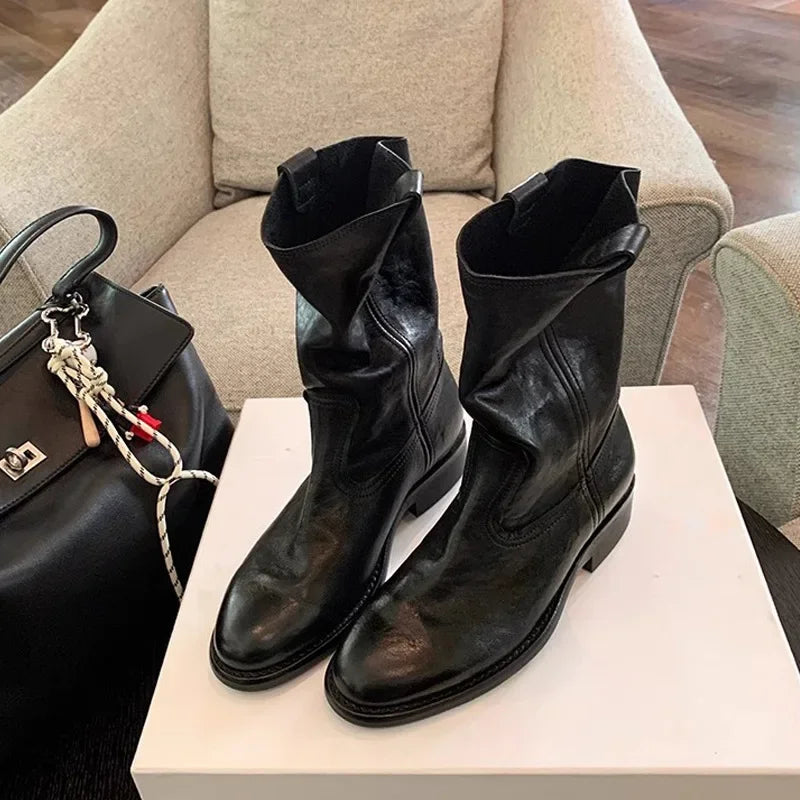 New Fashion Boots for Women Spring/Autumn Square Heel Female Mid-Calf Boots Ladies Slip-On Pointed Toe WESTERN Boots Women