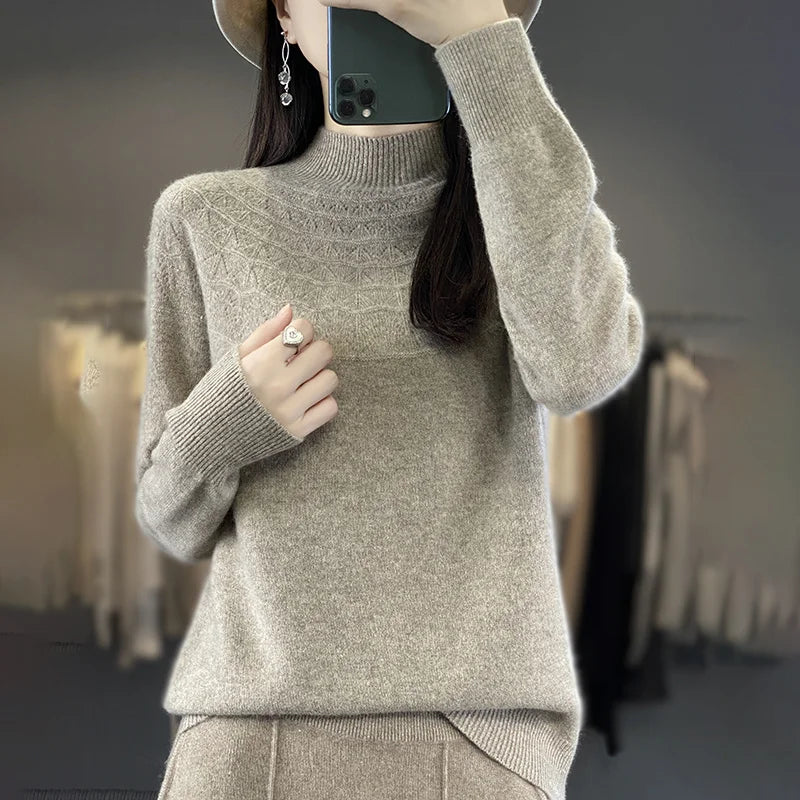 2024 New Line Of Garment Hollowed Out Half Height Women's High-grade Woolen Sweater 100% Pure Wool Multi-color Option WQ