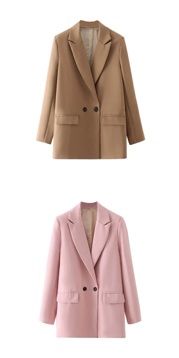 New Women's Double-Breasted Suit Jaet Casual Top 2 Colors Commute Sle Straight Cut Polyester Long Sve Pure Color