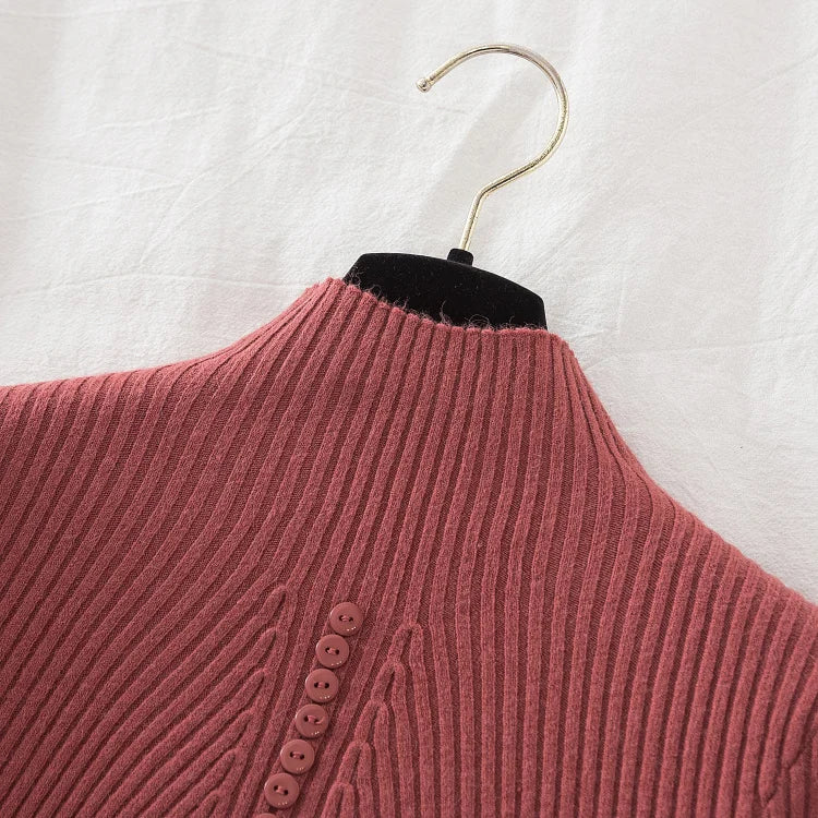 Women Turtleneck Pullovers Autumn Winter Jumper Knitted Basic Top Fashion Solid Color with Button Long Sleeve Ladies Sweater