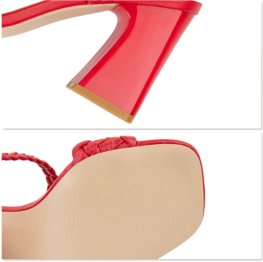 Fashion Weave Thick Heel Women's Slippers Square Toe Summer Casual Ladies Slides Red Orange Shoes Slip On Beach Sexy Pumps Woman