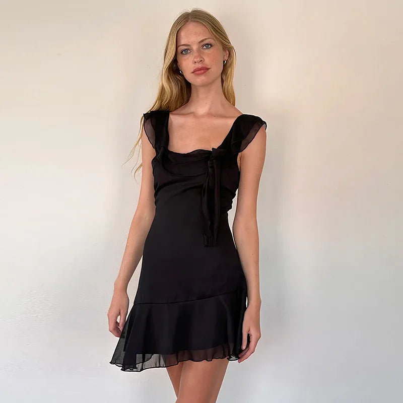 European and American style women's spring new fashion sexy French temperament sleeveless square collar ruffled chiffon dress
