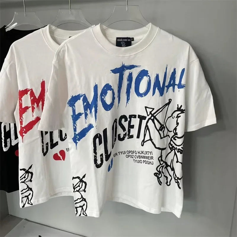 Oversized MIXED EMOTION White T-Shirts Men Women Pure Cotton Casual Red Hot Drill Letters Tshirts