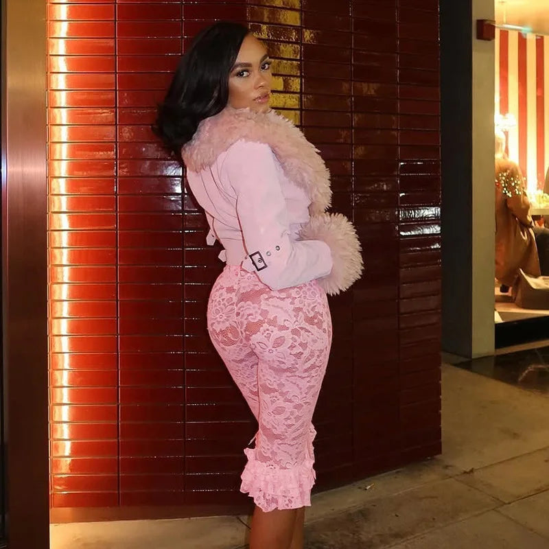 CM.YAYA Women Fashion Sexy Party Clubwear Lace Floral See Though Cascading Ruffles Hem Flare Lace Up Pants Capris 2025 Trousers