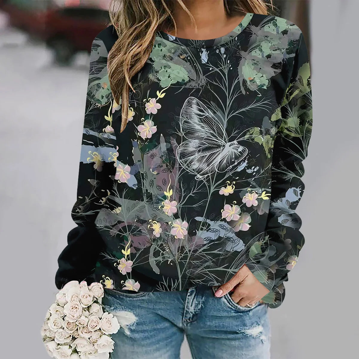 2025 Autumn and winter new fashion round neck long sleeve printed elegant casual loose hoodie