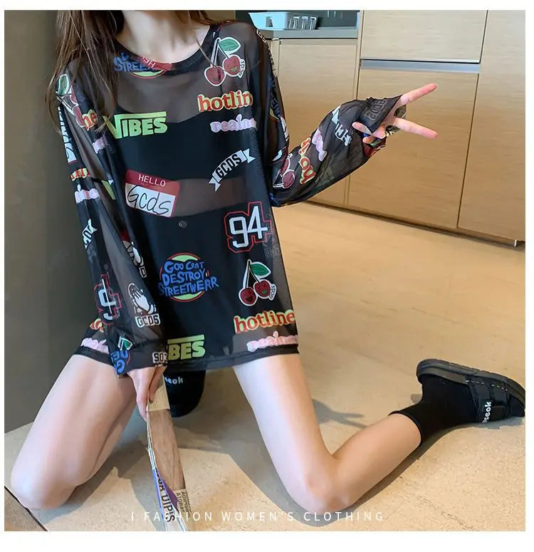 Women Letter Graphic Print Sexy Sheer Mesh Harajuku Y2K T Shirt Summer Trendy Long Sleeve Thin Tees Casual Streetwear Tops Ropa