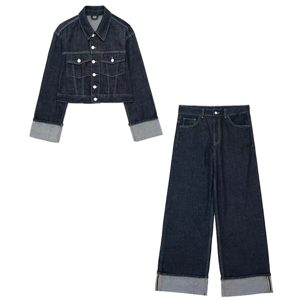 HH Women Vintage Denim Jacket Pant Sets Single Breasted Lapel Long Sleeve Coat Wide Leg Trousers Jeans High Street Outfits