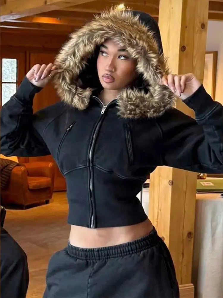 Fashion Solid Feather Hooded Short Jacket Women Zipper Pockets Full Sleeve Waist-closed Coat 2025 Autumn Lady New Street Outwear
