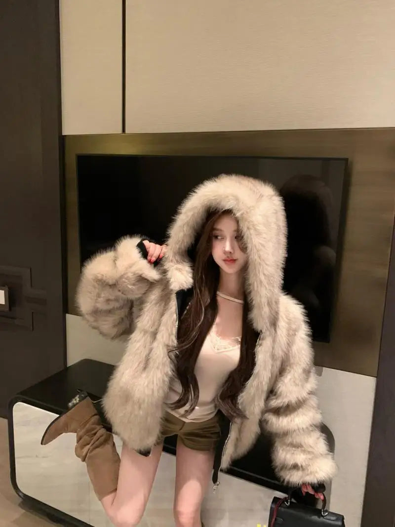 Double-Sided Warm Fur Coat Women Autumn Winter Loose Thicken Plush Cotton Coat 2025 New Women Hooded Imitation Mink Fur Outwear