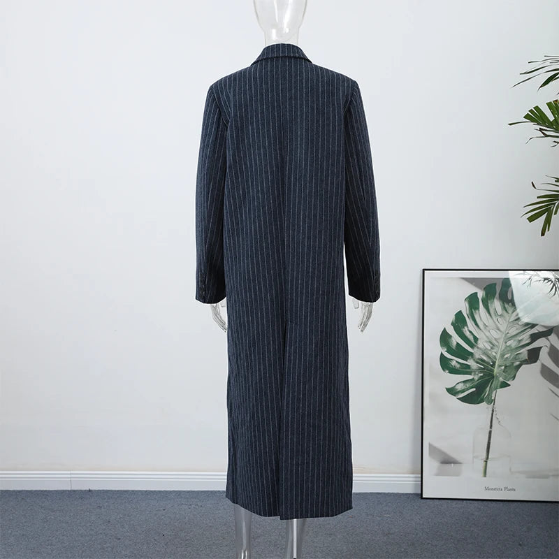 Casual Stripe Long Coat Women's Stylish V-neck Double-breasted Blazer With Shoulder Pad 2025 New Autumn Winter Ladies Outwear