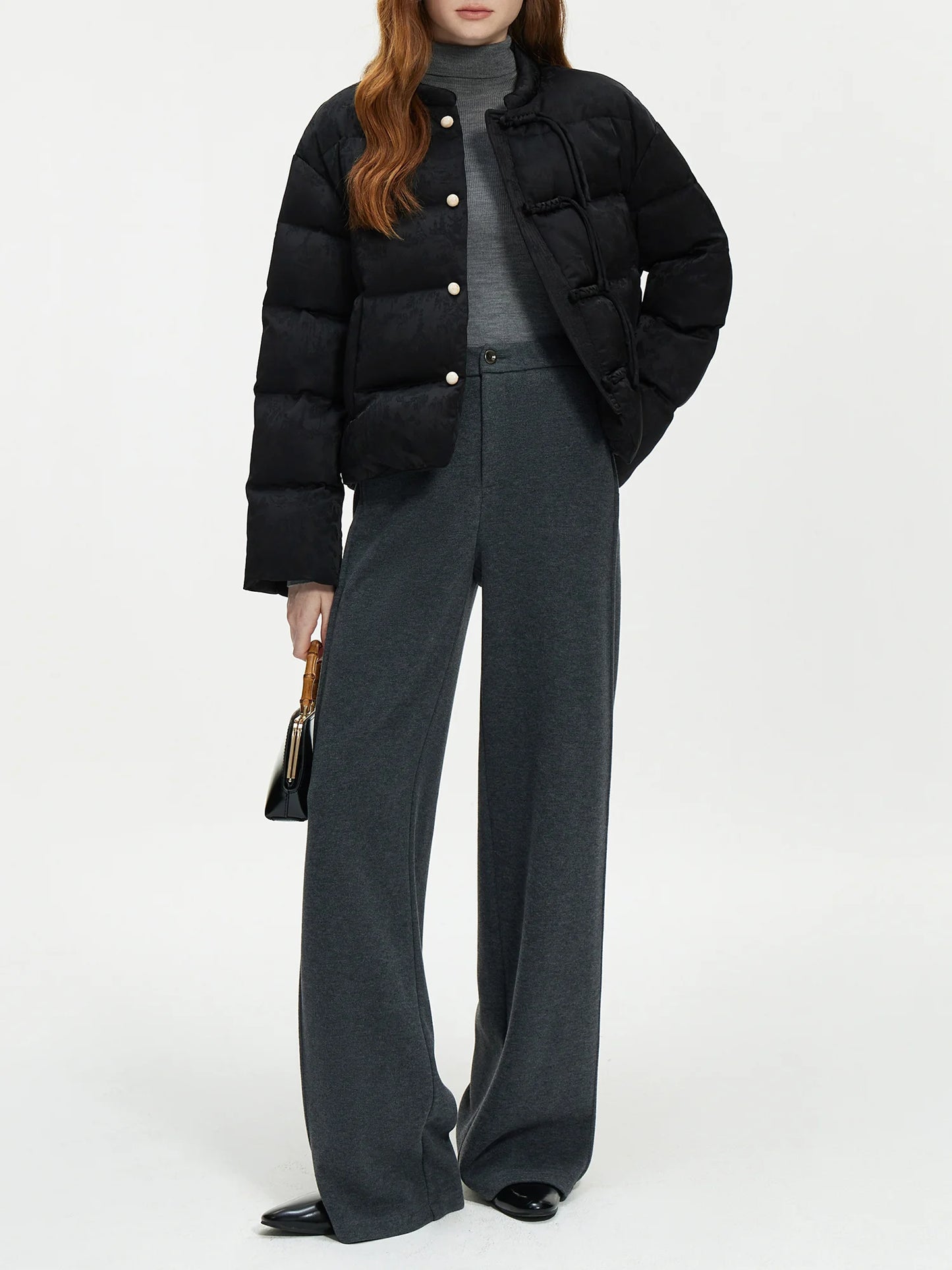 FSLE 115.2G Filling Amount Stand-up Collar New Chinese Style Down Coat For Women 2024 New Jacquard Warm Casual Jacket 24FS14068