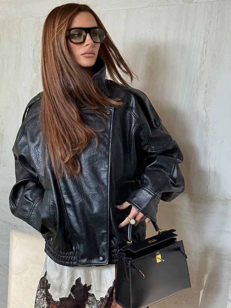 HH 2025 Autumn Women Pu Leather Jacket Vintage Solid Loose Long Sleeve Zipper Turtleneck Coat Casual Office Lady Outerwear
