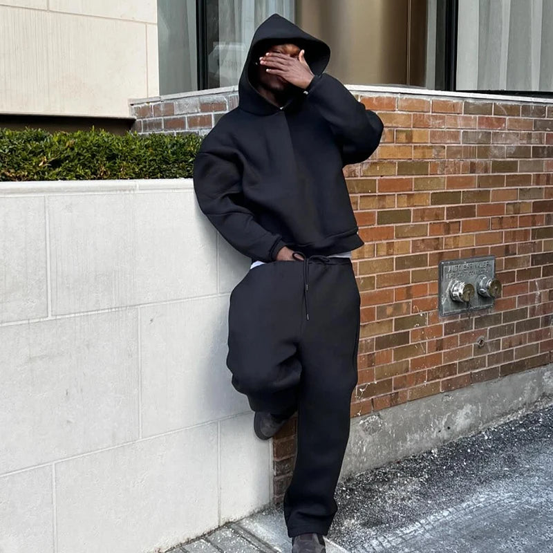 Casual Solid Hooded Pullover Straight Pants 2 Piece Set Tracksuit For Male Fashion Loose Hoodies Sweatshirt Wide Leg Sweatpants
