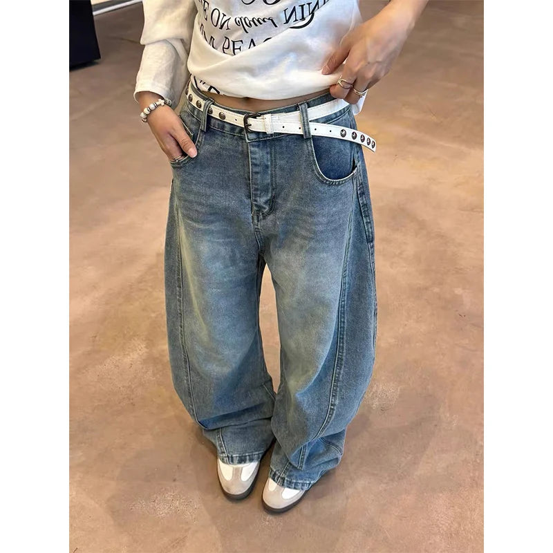 Autumn Women's Blue Y2k Baggy Jeans Harajuku Vintage Printing Denim Trousers Japanese 2000s Style Jeans Pants Oversize Clothes