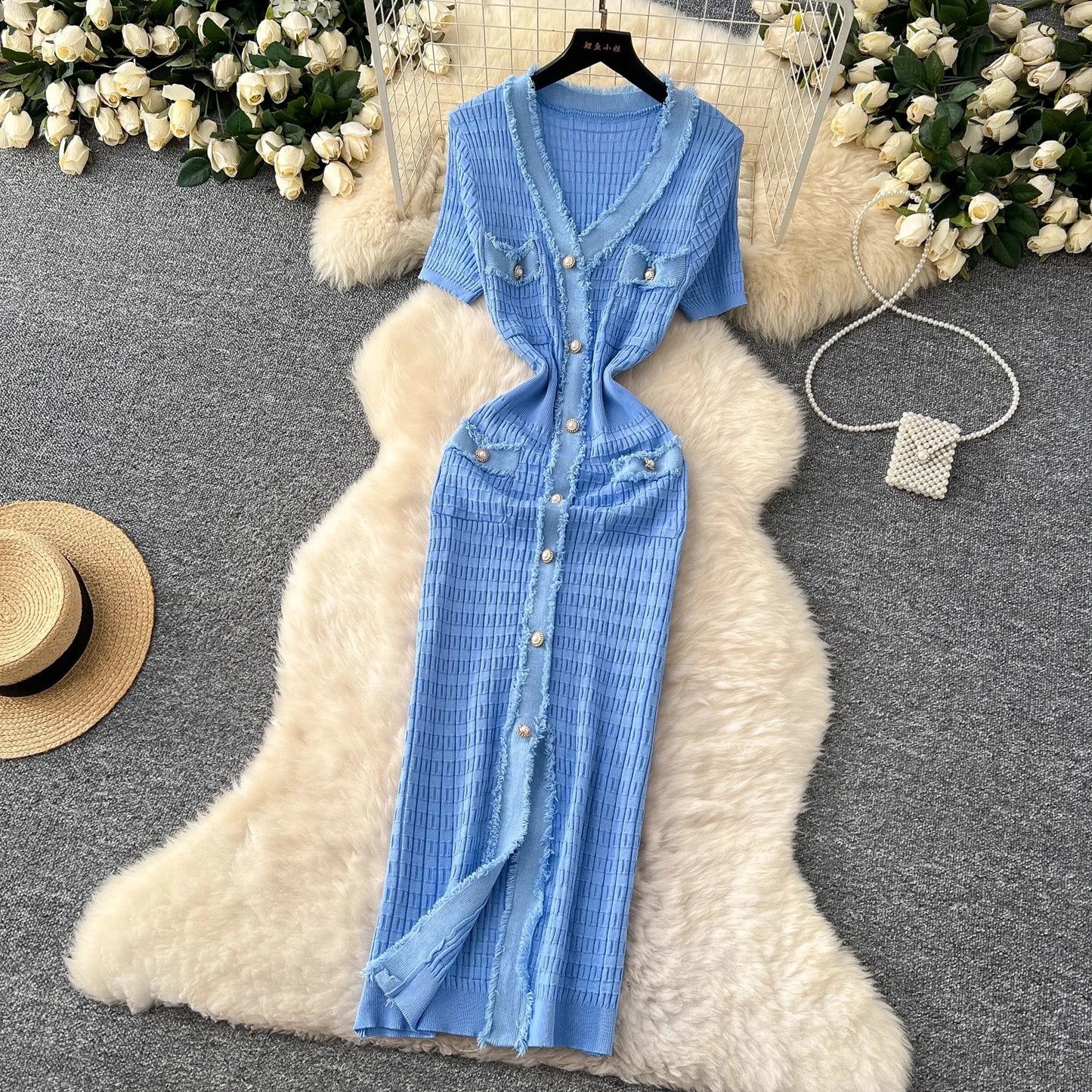 YuooMuoo Women Dress Elegant V-neck Slim Waist Wrap Hips Bodycon Sweater Dress Chic Single-breasted Office Lady Long Shirt Dress