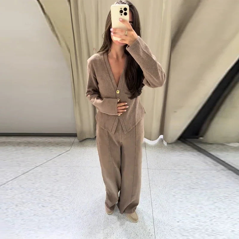 Casual Knitted Pant Suit Women Solid V-neck Full Sleeve Button Jacket Wide Trouser 2025 Autumn Fashion 2 Pieces Set Lady Outfits